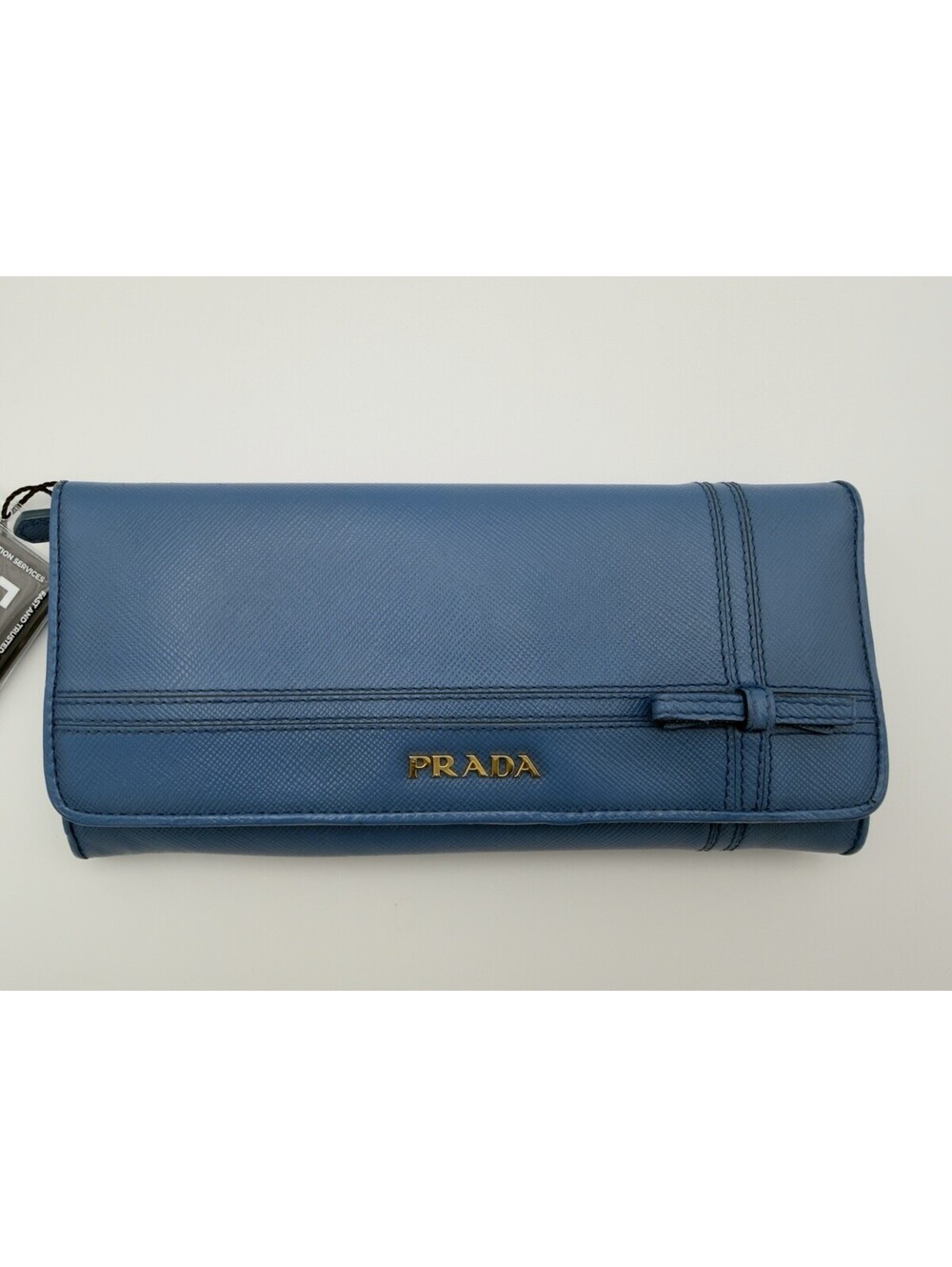 Authentic PRADA Blue Saffiano Leather Women Long Wallet Bow COA